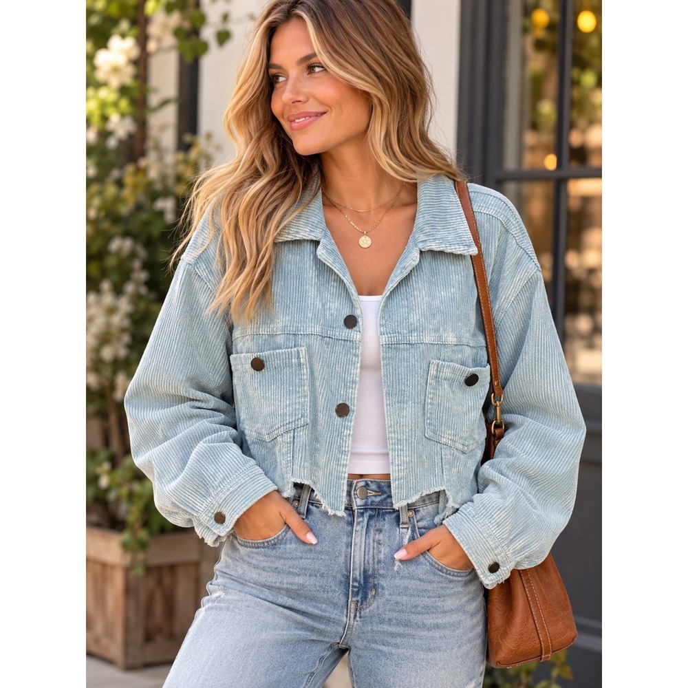 POL Womens Light Blue Acid Wash Corduroy Cropped Jacket Star Patch SMJ179 Large